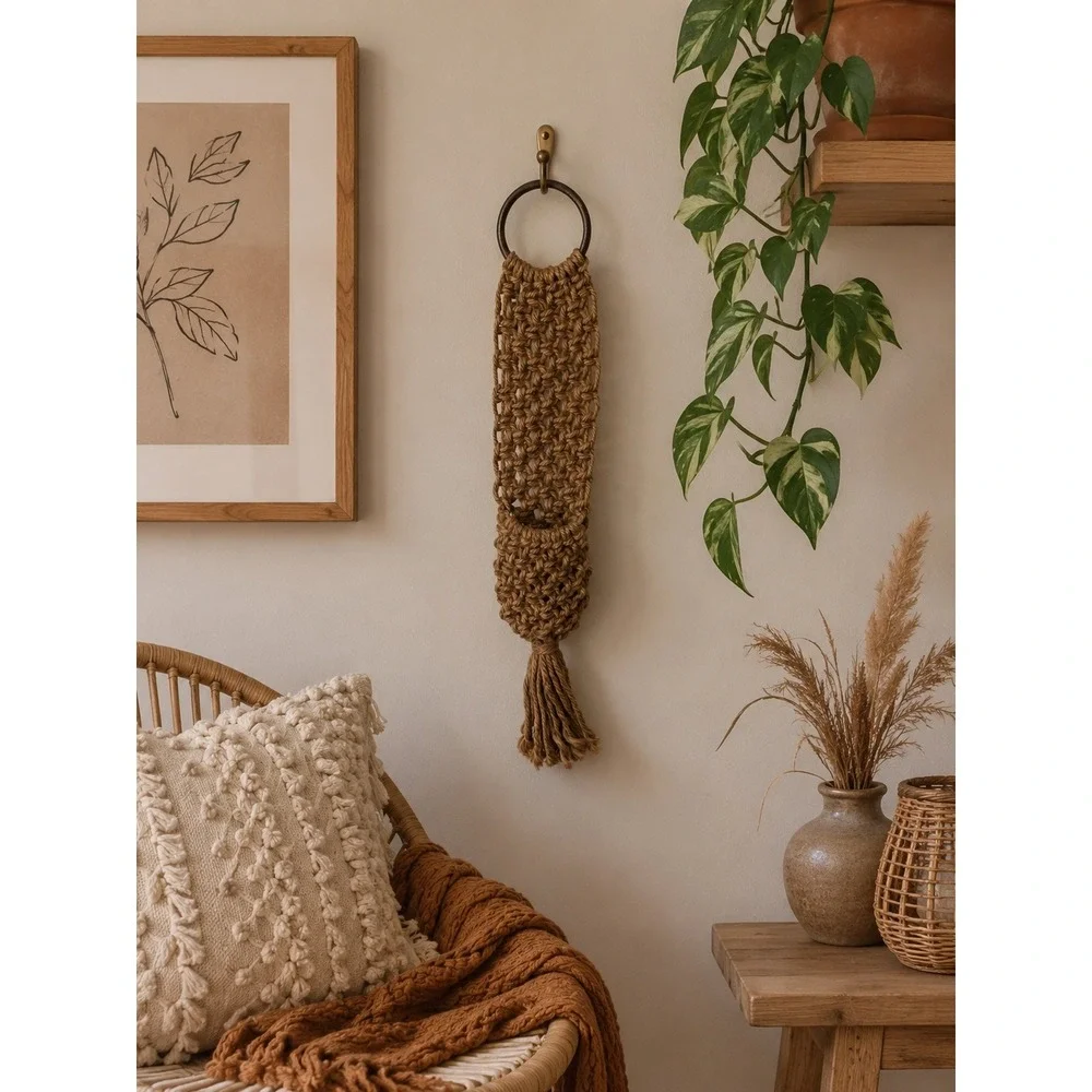 Boho Macramé Wall Hanging Basket | Woven Jute | Rustic Bohemian Home Decor